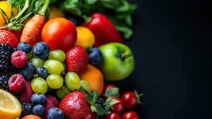 A vibrant assortment of fresh fruits arranged beautifully on a dark background, showcasing a variety of colors and shapes.