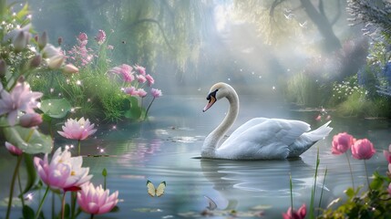 Swan in a magical garden with radiant flowers and shimmering light style fantasy