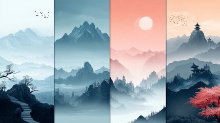 Serene Mountain Art Background Vector - Traditional Oriental Style Panoramic Landscape Wallpaper with Realistic Nature Depictions in Four Seasons