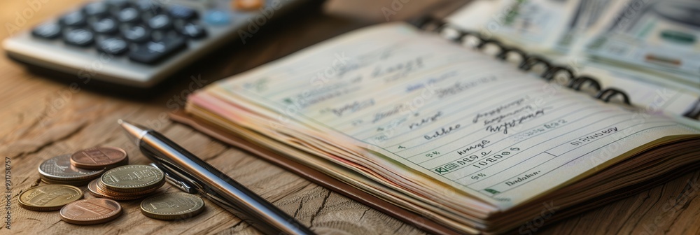 Fototapete A stack of cash and coins lie beside an open notebook filled with notes and calculations in a warm, inviting workspace. Generative AI