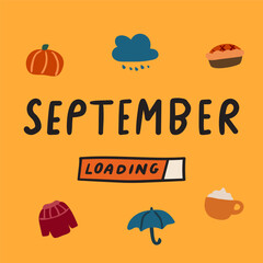 September loading. Hand drawn design. Illustration on yellow background.