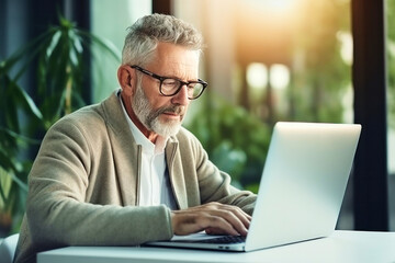 Fototapeta premium Stock exchange trader investor explores financial trading market. Smart busy mature businessman analyst working on digital finance forecast using laptop in office