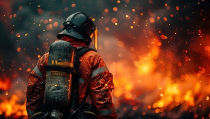 Fototapeta premium Firefighter Surrounded by Smoke and Fire in Action. Firefighter, equipped with full gear, navigates through thick smoke and raging fire, demonstrating resilience and determination in the line of duty.