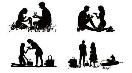 Silhouettes of couples enjoying romantic moments in nature.
