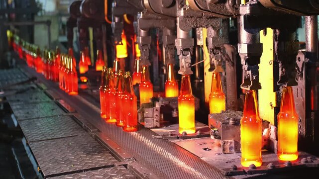 Glass factory, production of glass containers. Molten glass is blown into molds. Robotics in industry. Modern technologies, robotic machines produce products. Technological work at the plant.