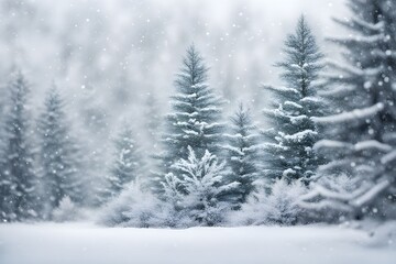Soft focus background of a snowy landscape with pine trees and gentle snowfall, AI Generated