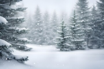 Naklejka premium Soft focus background of a snowy landscape with pine trees and gentle snowfall, AI Generated