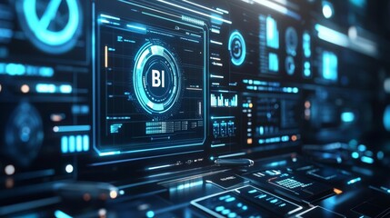 Business Intelligence Reporting Automation A futuristic dashboard with automated business intelligence reports generating in real-time