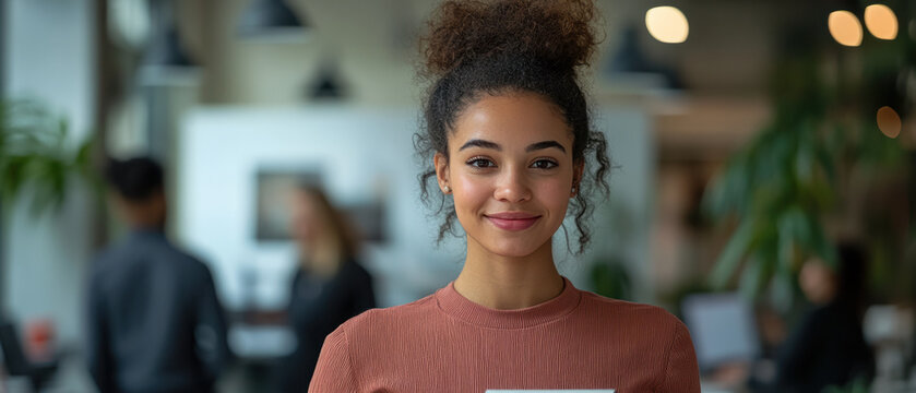 Project Coordinator,  In a bustling office, a female project coordinator proudly displays a mockup notebook computer while smiling at the camera. Behind her, colleagues are engaged