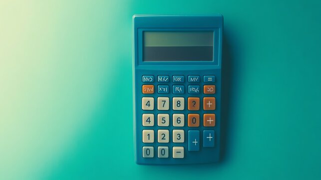A blue calculator on a teal background.