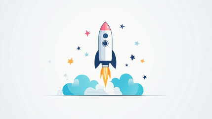 Rocket icon,  Minimalist flat 2D illustration of a colorful rocket launching upwards, surrounded by simple stars, isolated on a clean white background, conveying a sense of