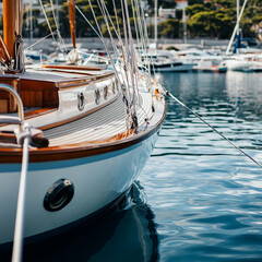 Wooden sailing yacht moored in a quiet harbor.