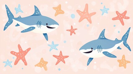 Cute sharks swimming on a light coral background with floating starfish