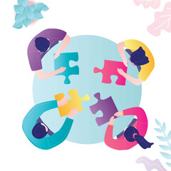 Business team brainstorming. People join puzzles. Office workers sitting at table. Desk top view. Employees cooperation. Business people negotiation. Teamwork discussion.