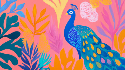 Fototapeta premium a beautiful blue peacock, painting style, with palnts and flowers in the background