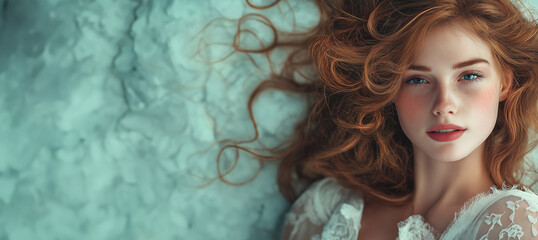 Fototapeta premium A young woman with lush red hair lies on textured white fabric, softly lit. With copy space