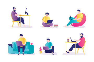 Set of male characters in various poses, working process in office or home workplace. Businessman working on computer or laptop. Freelancers remote homeworking occupation.