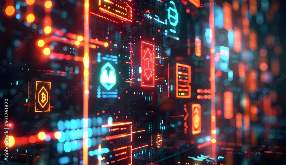 Poster a digital illustration of an abstract data center with glowing symbols representing various types of