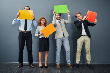 Poster, portrait and business people in waiting room for recruitment or hr survey. Hiring, vacancy...