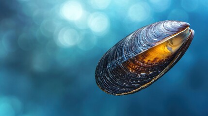 Single Mussel Shell Against a Blue Background