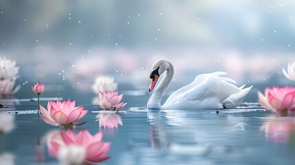 Swan amidst a sea of floating lotus flowers minimalist art media by magazine