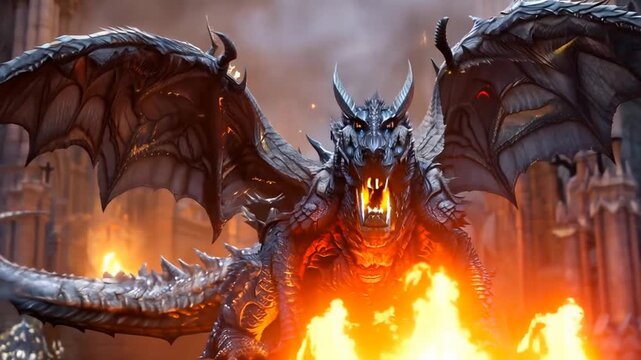 Dragon's Fury: A majestic black dragon breathes fire in a dramatic, mythical scene, its scales shimmering and its eyes burning with power. A breathtaking image of power and danger, perfect for fantasy