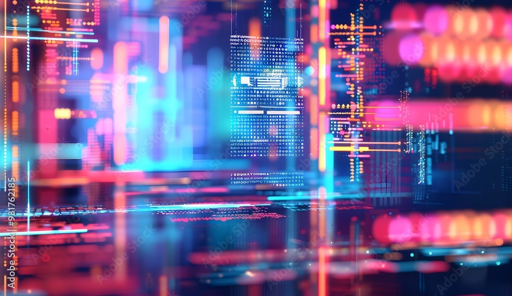 Poster a digital illustration of an abstract data center with glowing symbols representing various types of