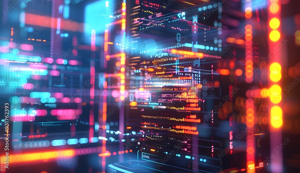 Poster a digital illustration of an abstract data center with glowing symbols representing various types of