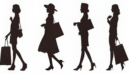 Silhouettes of diverse women shopping with bags in stylish outfits.