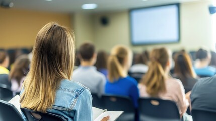 Group of students listening attentively in university lecture hall during educational presentation