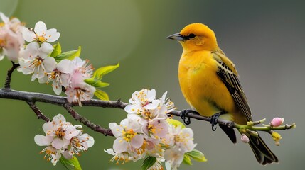 Fototapeta premium Oriole perched on a flowering branch its bright plumage contrasting with the blossoms