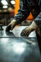 Galvanized Steel Coating,  Close-up of galvanized steel panels with a smooth, corrosion-resistant coating, surrounded by tools for metalworking. A craftsman inspects them, ensuring