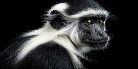 Fototapeta premium Photo of a Black & White Colobus monkey isolated against a black background, emphasising the Black & White Colobus monkey's majestic features. Wildlife and conservation concept, space for copy.