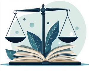An artistic representation of legal scales balanced on an open book surrounded by leaves, symbolizing justice and knowledge.