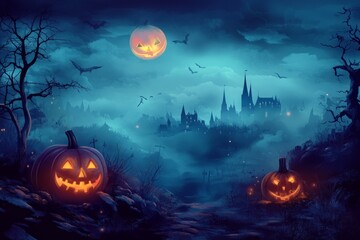 Fototapeta premium Halloween vector art illustration with haunted house and Halloween pumpkin