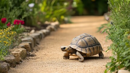 Tortoise Walking on a Stone Path in a Garden