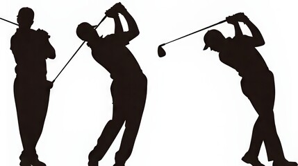 Silhouettes of a male golfer in various swinging poses against a white background.