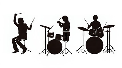 Three silhouetted drummers performing energetically in sync.