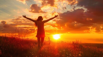 Fototapeta premium Woman standing with arms outstretched, enjoying a vibrant sunset