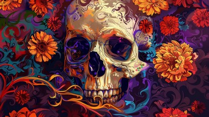 Halloween-themed skull adorned with vibrant flowers in a colorful artistic representation