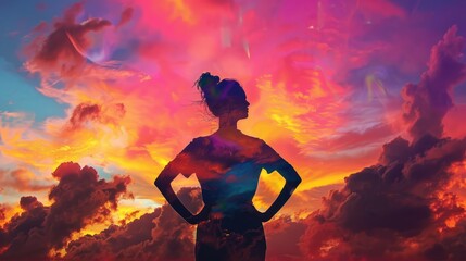 Obraz premium Silhouette of a woman with her hands on her hips, facing a colorful sunset