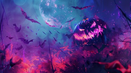 Spooky Halloween banner featuring a monstrous pumpkin and bats in a vibrant, eerie atmosphere