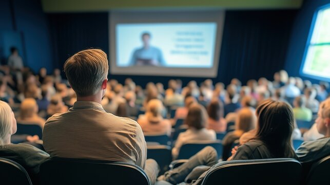 Audience members seated in a theater attentively watching a presentation on a screen, showcasing educational and communicative atmosphere