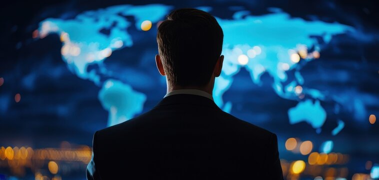 Businessman observing global data trends on a digital map, representing innovation and modern technology in the corporate world.