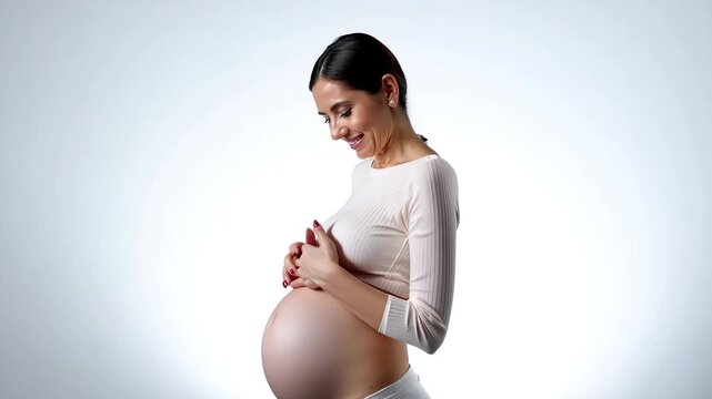 A pregnant woman smiling warmly, holding her belly while standing against a bright white background