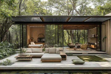 Fototapeta premium Modern Patio with a Tranquil Pond and Lush Greenery