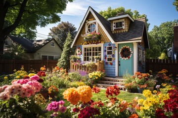 Amazing house colorful flowers garden picture