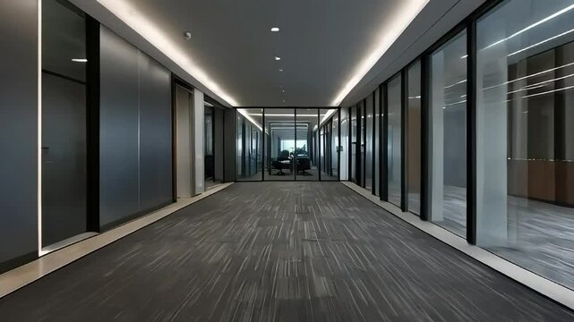 Empty Office Corridor with Glass Walls and Grey Carpet