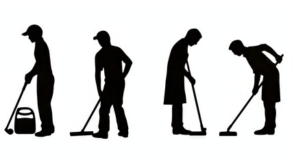 Naklejka premium Silhouettes of diverse male workers engaged in cleaning tasks.