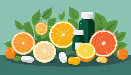 Assorted citrus fruits and natural health supplements on a clean flat design